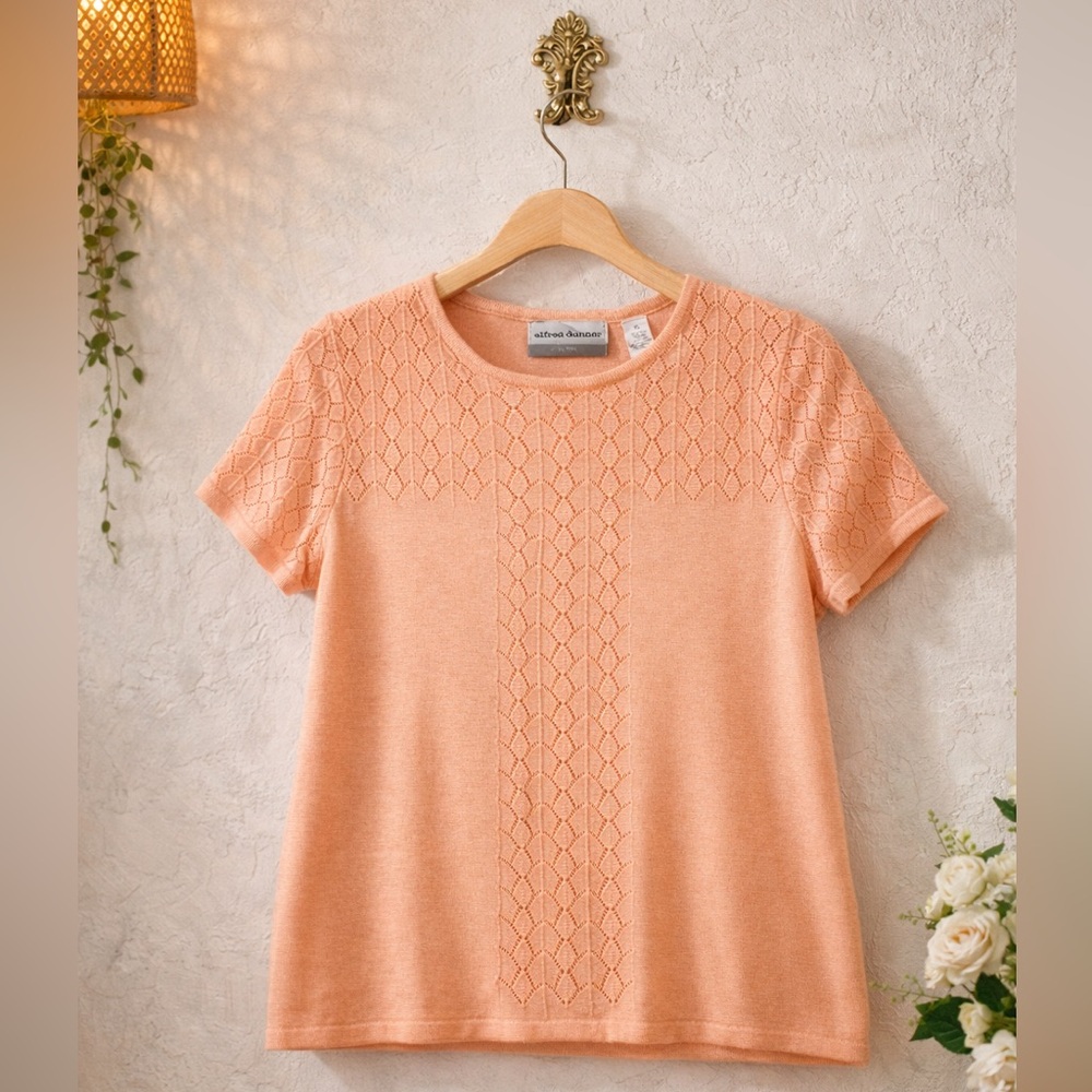 Alfred Dunner Petite Pink Lace Knit Top Office Top Knit Blush Pink Top Casual